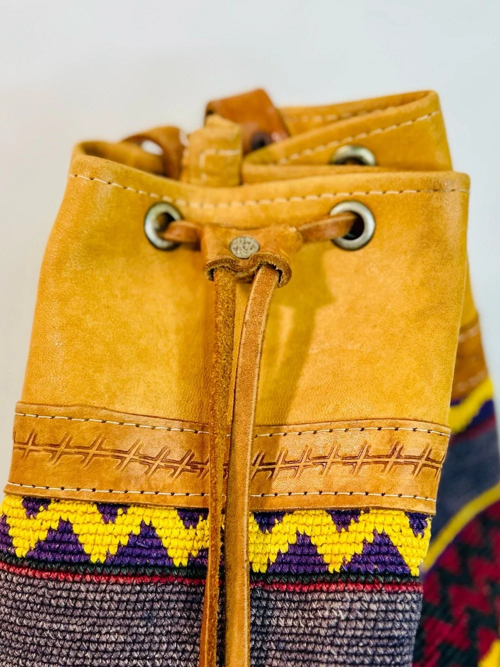 Vintage Handwoven Kilim Backpack Bucket Bag, Drawstring, Tribal Pattern, Leather